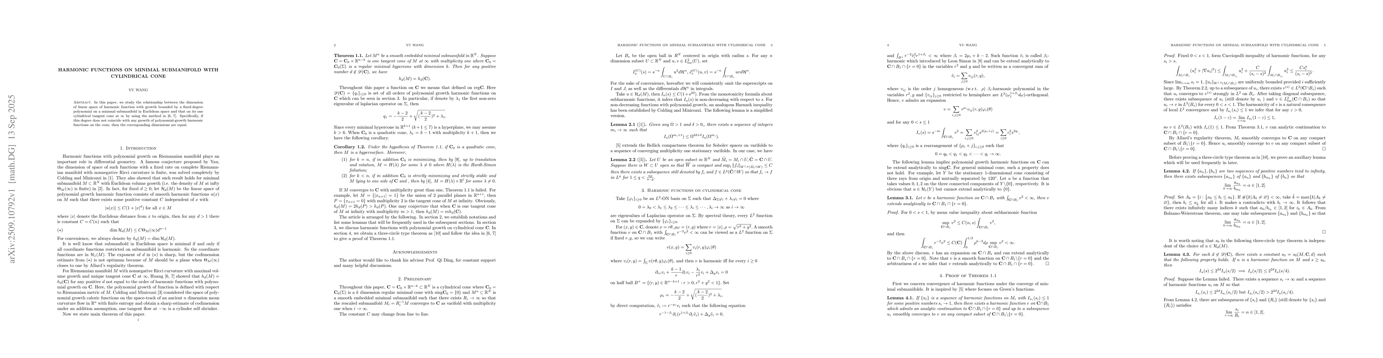 Thumbnail for Harmonic functions on minimal submanifold with cylindrical cone