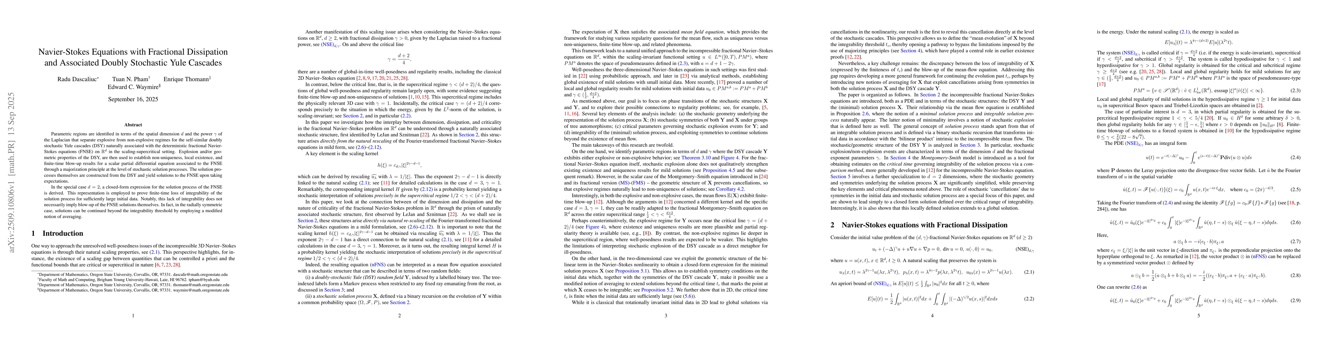 Thumbnail for Navier-Stokes Equations with Fractional Dissipation and Associated
  Doubly Stochastic Yule Cascades