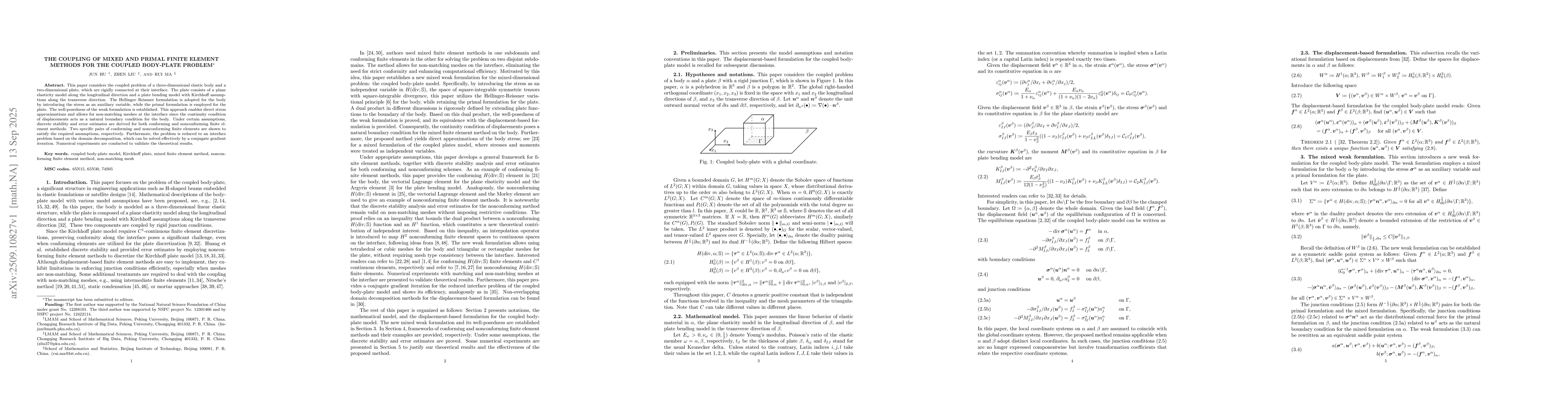Thumbnail for The coupling of mixed and primal finite element methods for the coupled
  body-plate problem