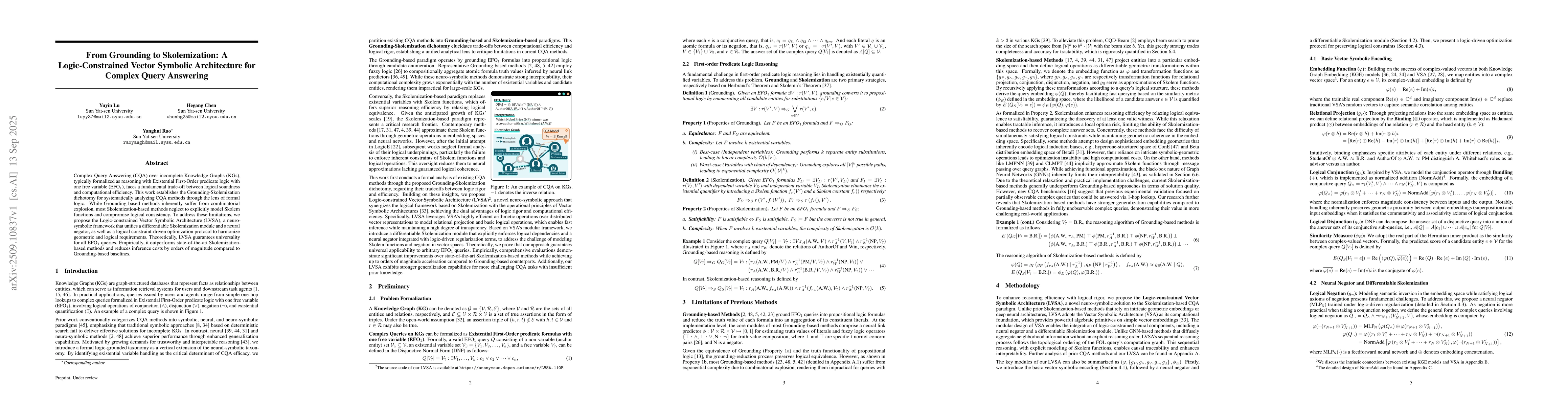 Thumbnail for From Grounding to Skolemization: A Logic-Constrained Vector Symbolic
  Architecture for Complex Query Answering