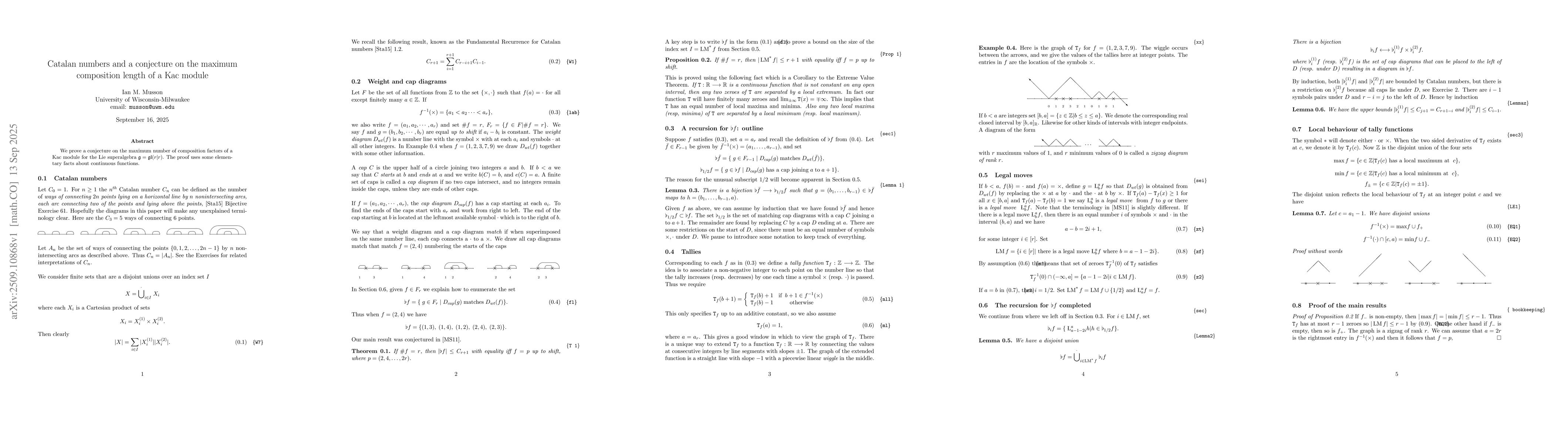 Thumbnail for Catalan numbers and a conjecture on the maximum composition length of a
  Kac module