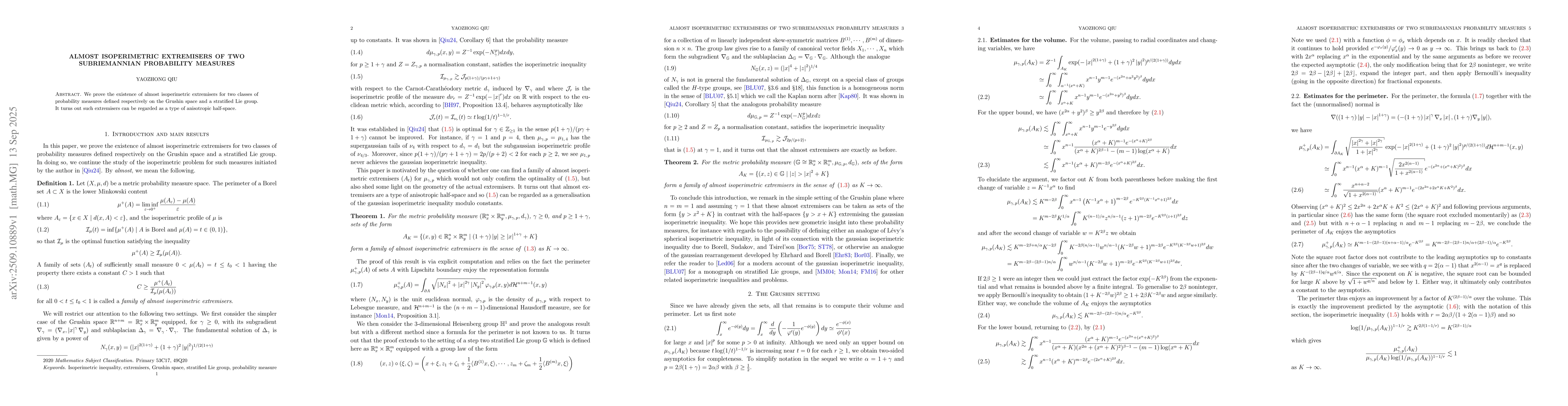 Thumbnail for Almost isoperimetric extremisers of two subriemannian probability
  measures