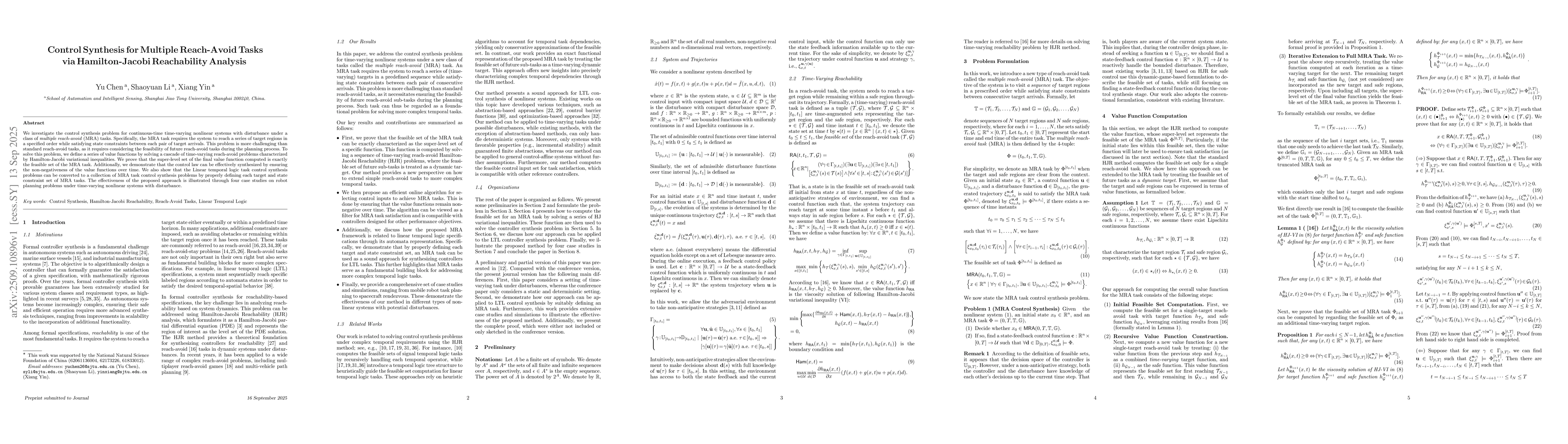 Thumbnail for Control Synthesis for Multiple Reach-Avoid Tasks via Hamilton-Jacobi
  Reachability Analysis
