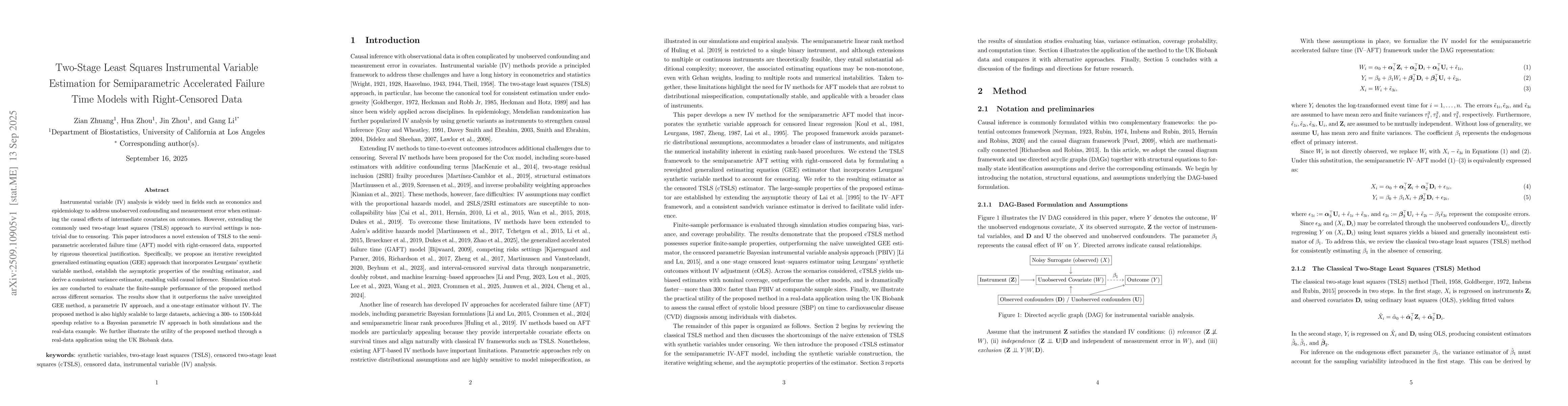 Thumbnail for Two-Stage Least Squares Instrumental Variable Estimation for
  Semiparametric Accelerated Failure Time Models with Right-Censored Data