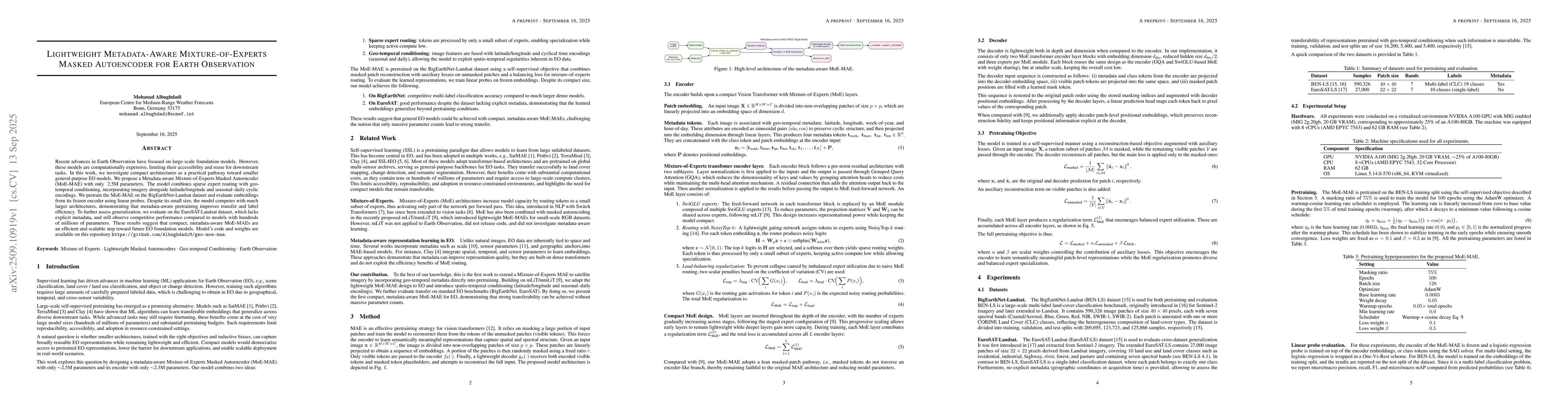 Thumbnail for Lightweight Metadata-Aware Mixture-of-Experts Masked Autoencoder for
  Earth Observation