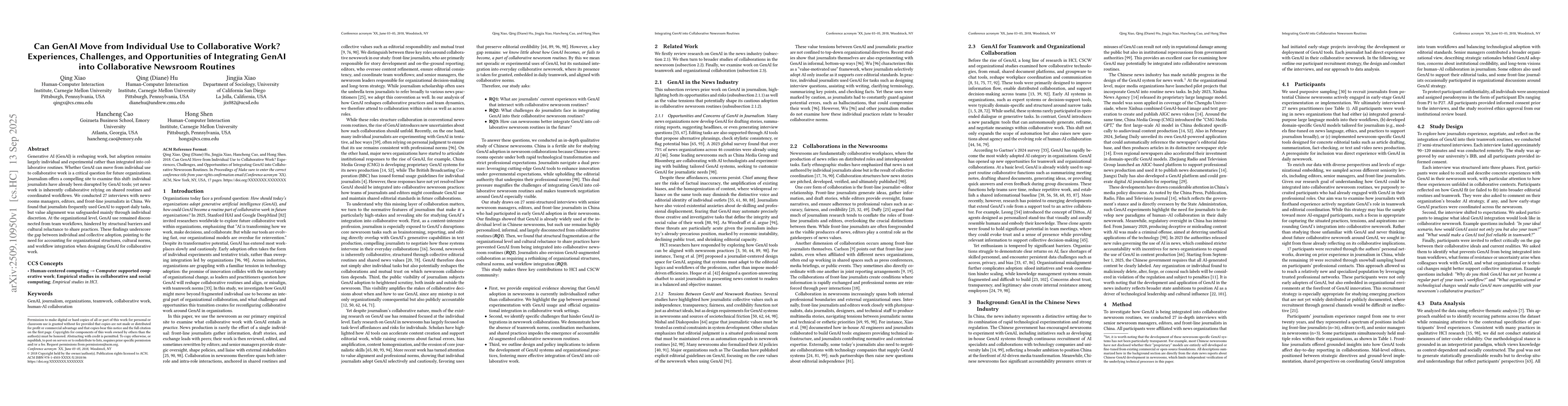 Thumbnail for Can GenAI Move from Individual Use to Collaborative Work? Experiences,
  Challenges, and Opportunities of Integrating GenAI into Collaborative
  Newsroom Routines