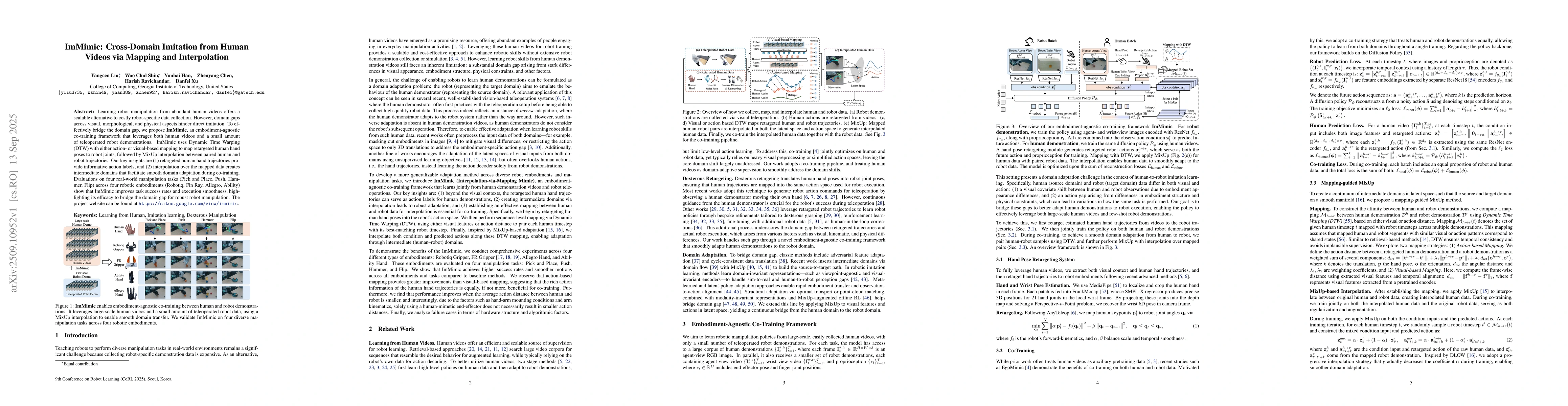 Thumbnail for ImMimic: Cross-Domain Imitation from Human Videos via Mapping and
  Interpolation