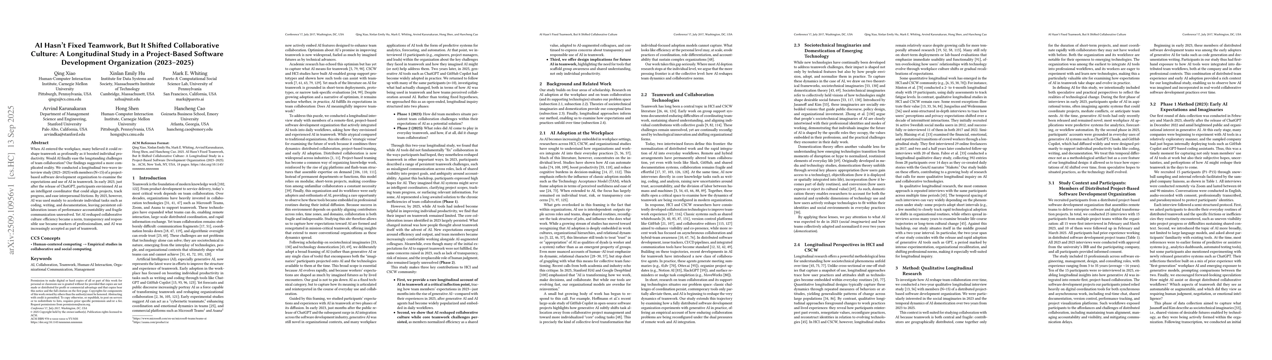 Thumbnail for AI Hasn't Fixed Teamwork, But It Shifted Collaborative Culture: A
  Longitudinal Study in a Project-Based Software Development Organization
  (2023-2025)