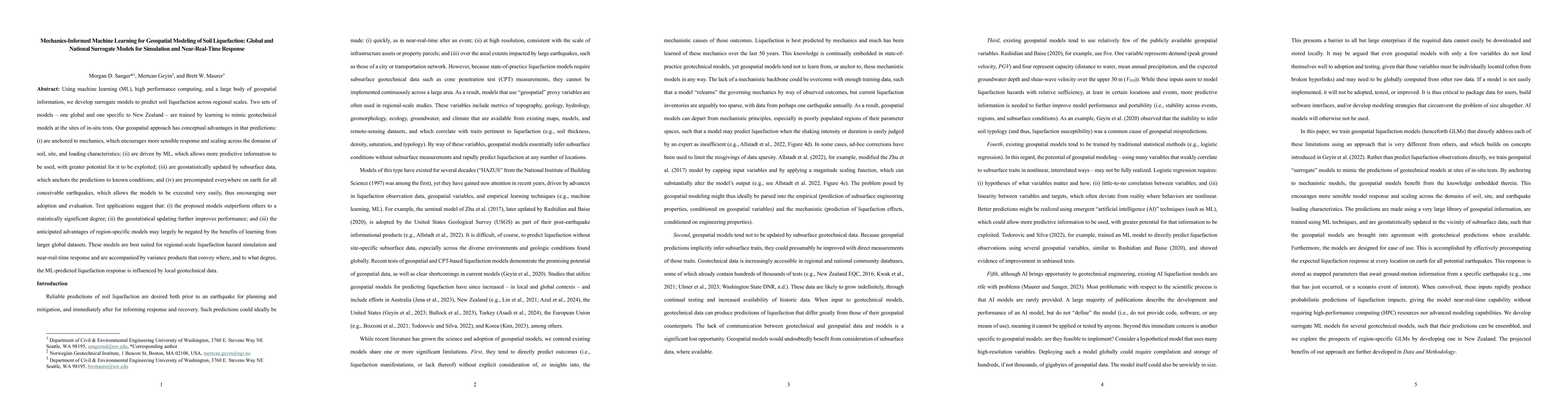 Thumbnail for Mechanics-Informed Machine Learning for Geospatial Modeling of Soil
  Liquefaction: Global and National Surrogate Models for Simulation and
  Near-Real-Time Response
