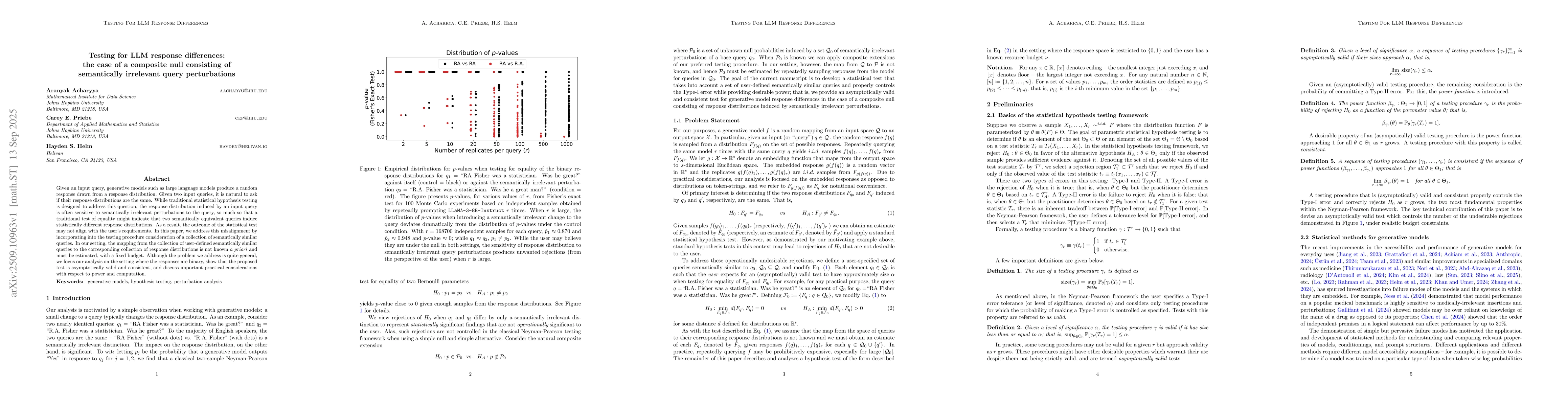 Thumbnail for Testing for LLM response differences: the case of a composite null
  consisting of semantically irrelevant query perturbations