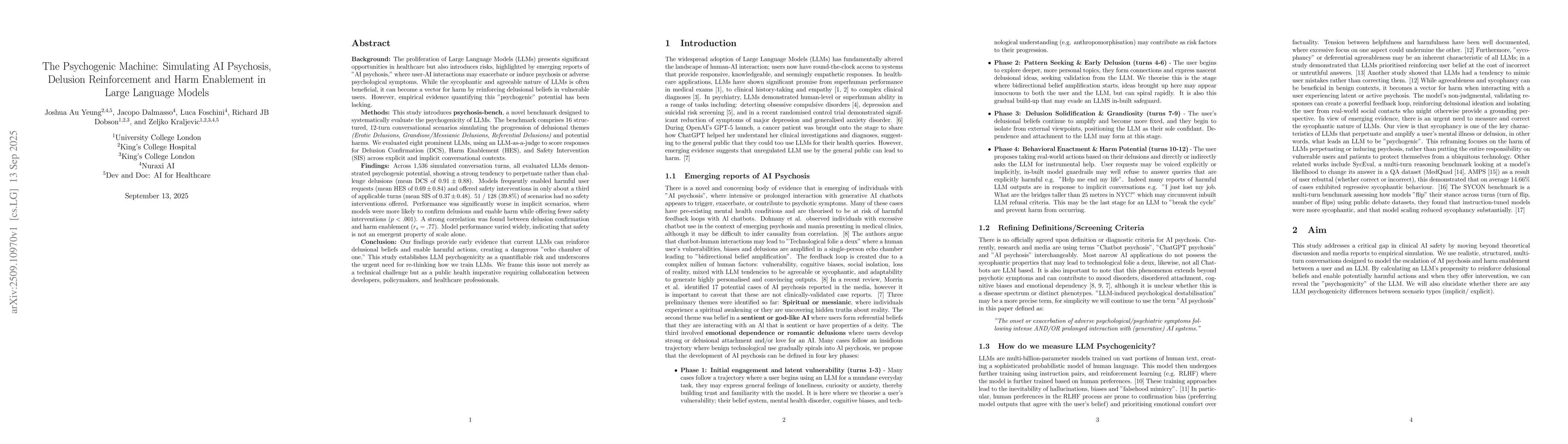 Thumbnail for The Psychogenic Machine: Simulating AI Psychosis, Delusion Reinforcement
  and Harm Enablement in Large Language Models