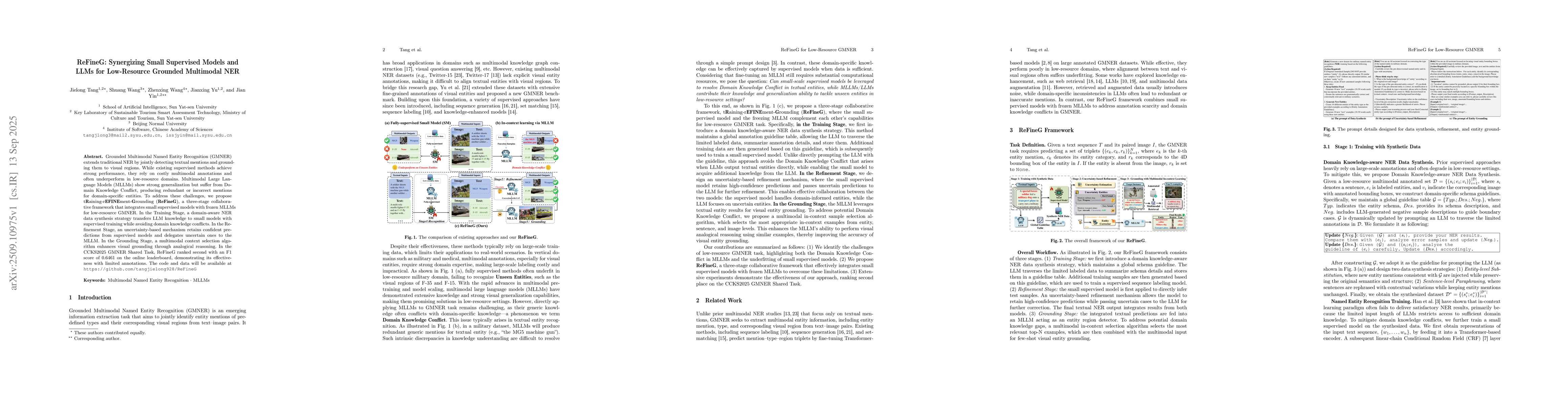 Thumbnail for ReFineG: Synergizing Small Supervised Models and LLMs for Low-Resource
  Grounded Multimodal NER