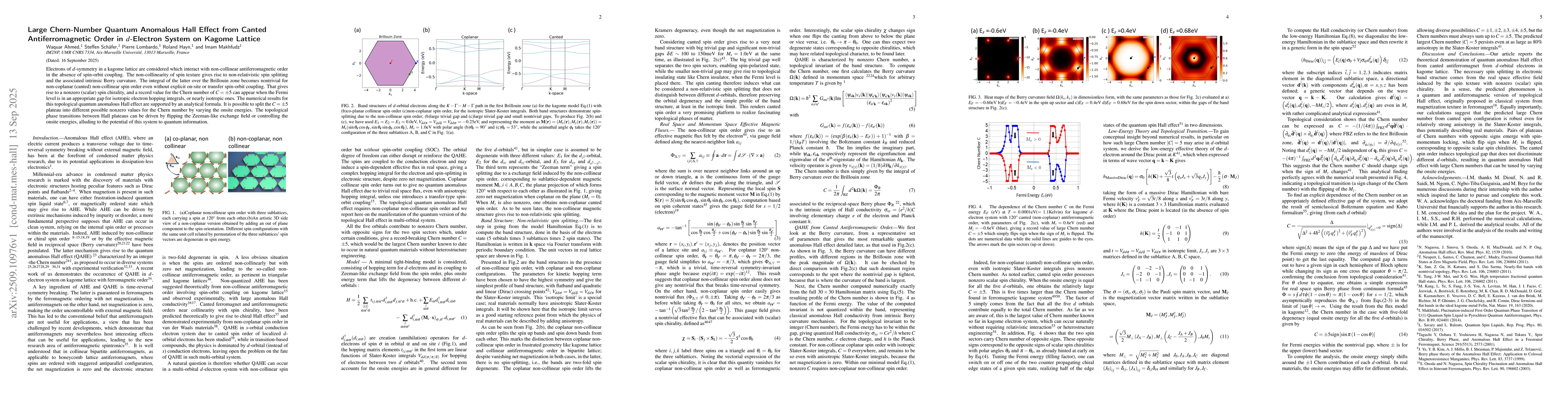 Thumbnail for Large Chern-Number Quantum Anomalous Hall Effect from Canted
  Antiferromagnetic Order in $d$-Electron System on Kagome Lattice