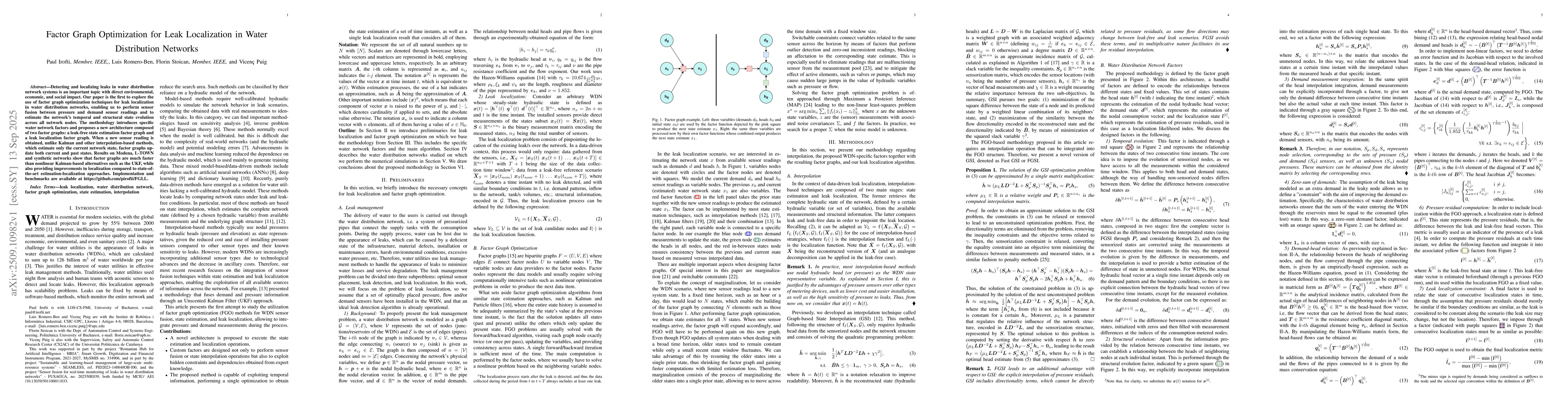 Thumbnail for Factor Graph Optimization for Leak Localization in Water Distribution
  Networks