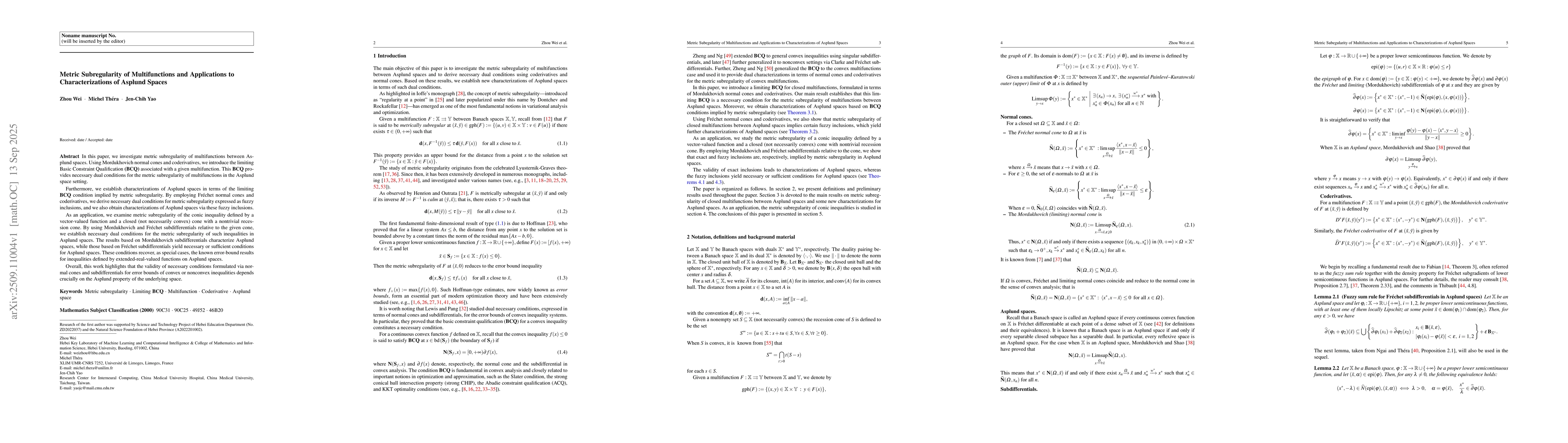 Thumbnail for Metric Subregularity of Multifunctions and Applications to
  Characterizations of Asplund Spaces