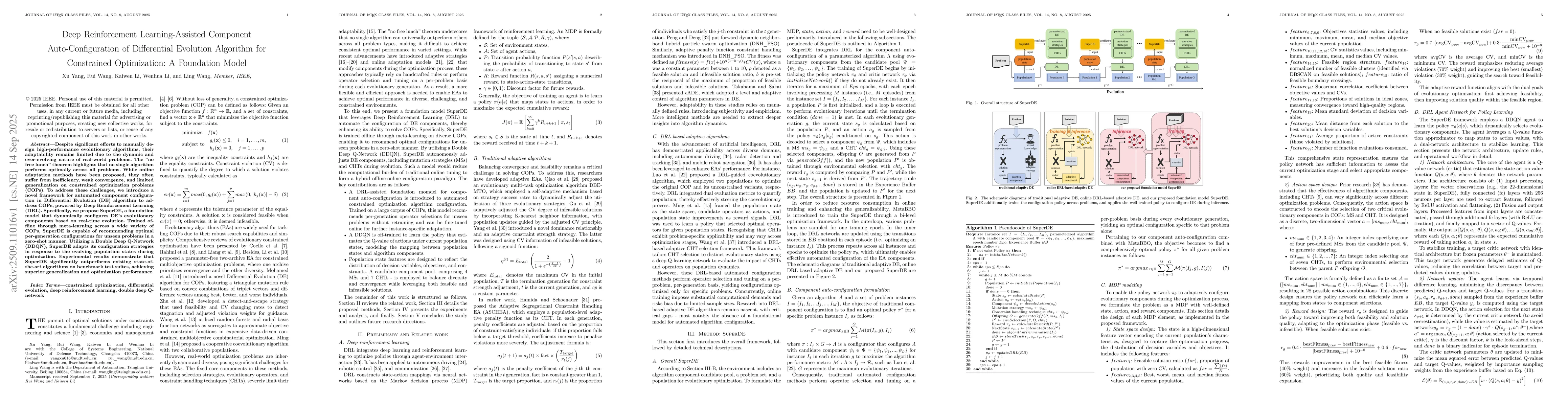 Thumbnail for Deep Reinforcement Learning-Assisted Component Auto-Configuration of
  Differential Evolution Algorithm for Constrained Optimization: A Foundation
  Model