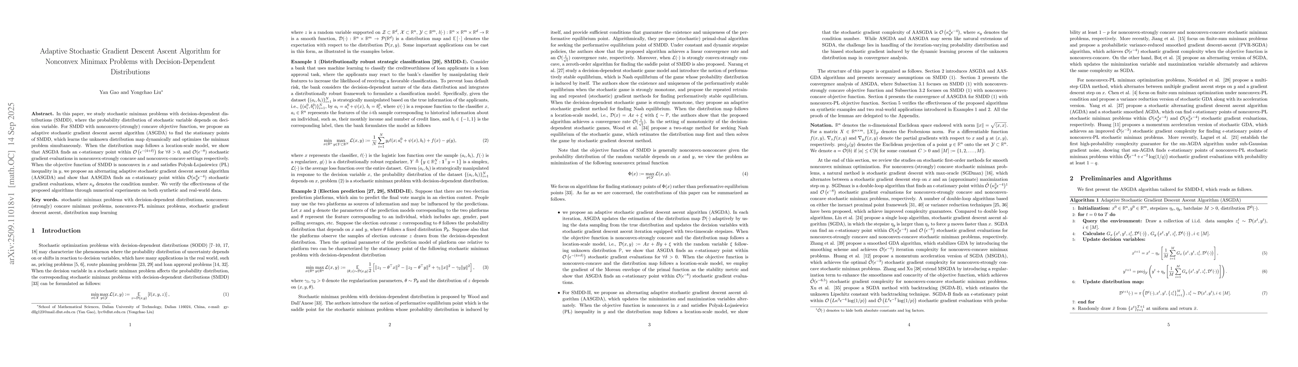 Thumbnail for Adaptive Stochastic Gradient Descent Ascent Algorithm for Nonconvex
  Minimax Problems with Decision-Dependent Distributions