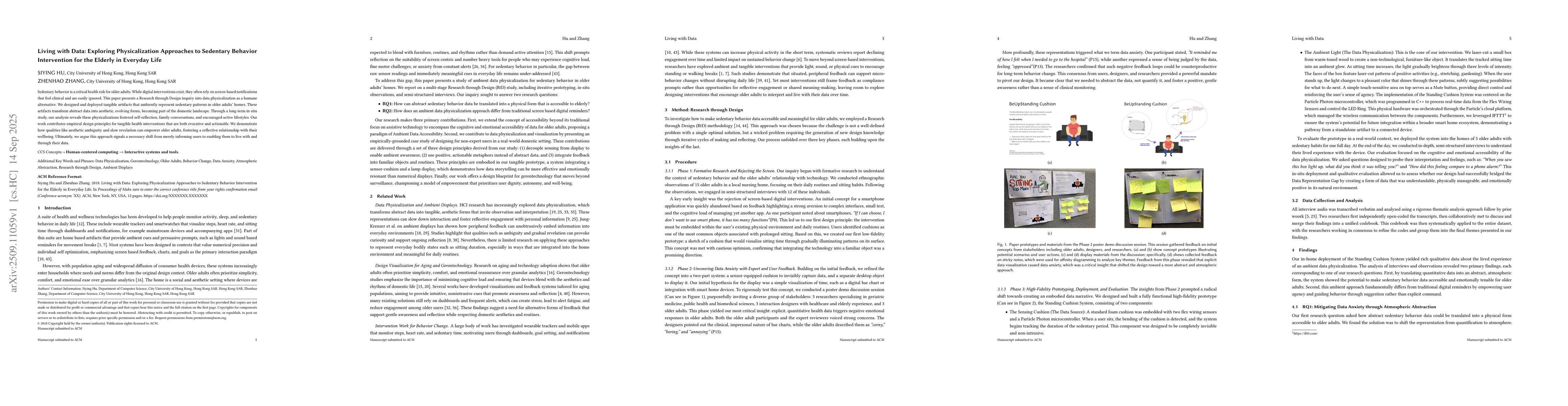 Thumbnail for Living with Data: Exploring Physicalization Approaches to Sedentary
  Behavior Intervention for the Elderly