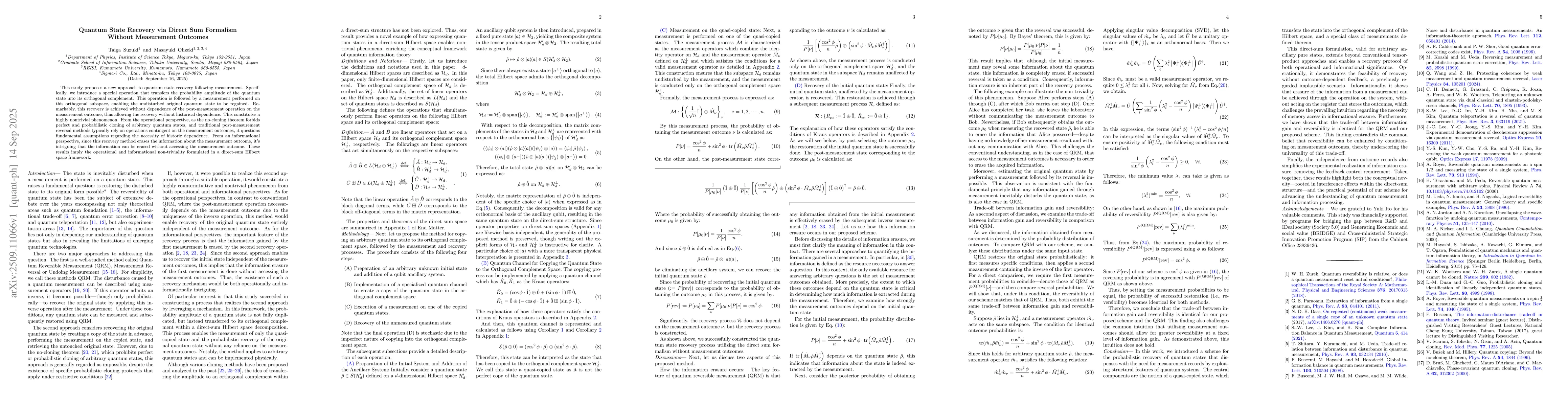 Thumbnail for Quantum State Recovery via Direct Sum Formalism Without Measurement
  Outcomes