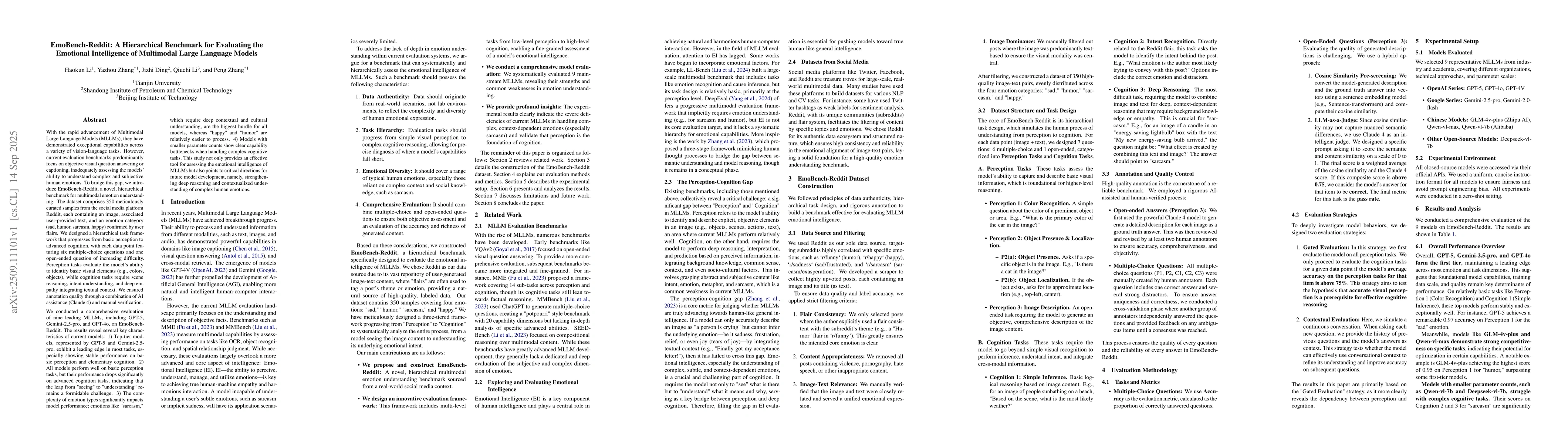 Thumbnail for EmoBench-Reddit: A Hierarchical Benchmark for Evaluating the Emotional
  Intelligence of Multimodal Large Language Models
