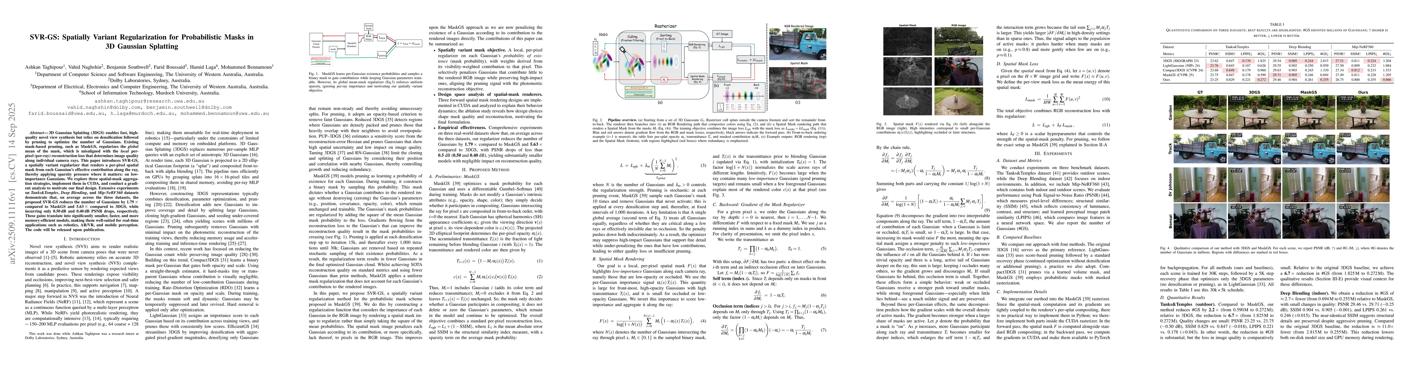 Thumbnail for SVR-GS: Spatially Variant Regularization for Probabilistic Masks in 3D
  Gaussian Splatting