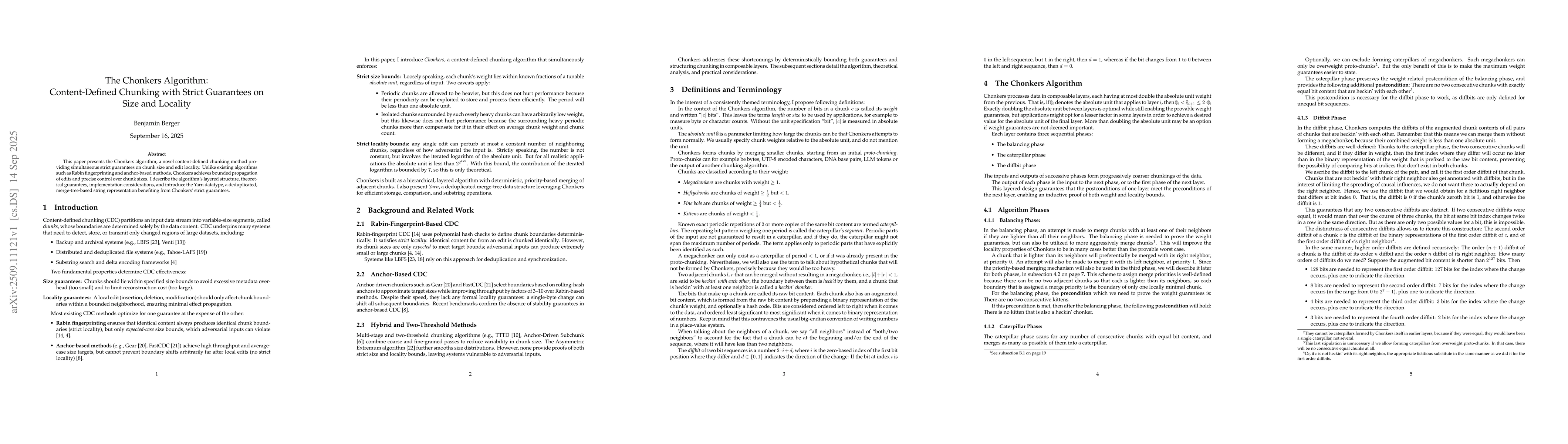Thumbnail for The Chonkers Algorithm: Content-Defined Chunking with Strict Guarantees
  on Size and Locality