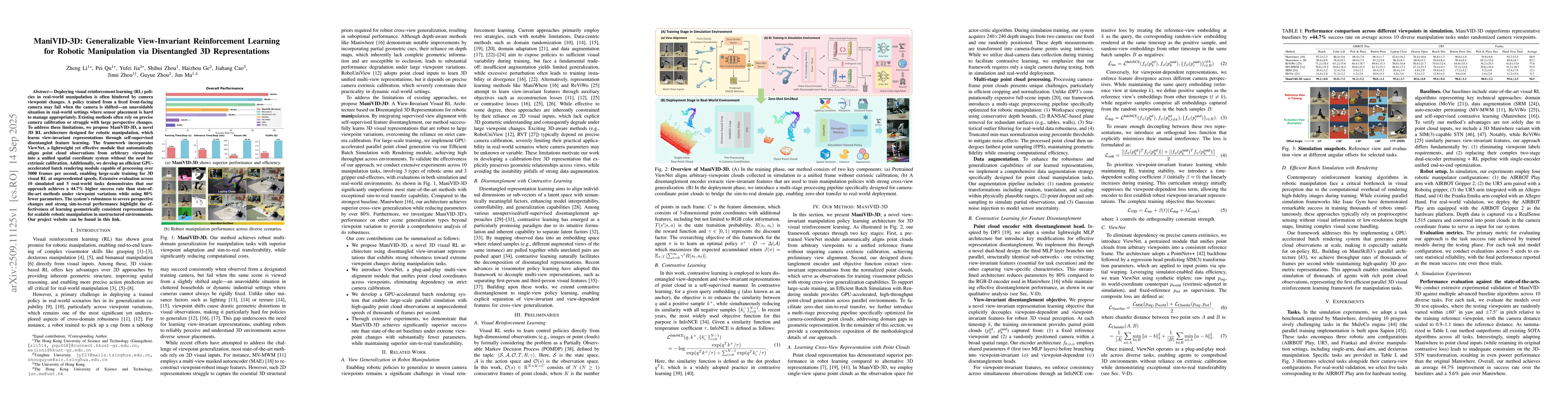 Thumbnail for ManiVID-3D: Generalizable View-Invariant Reinforcement Learning for
  Robotic Manipulation via Disentangled 3D Representations