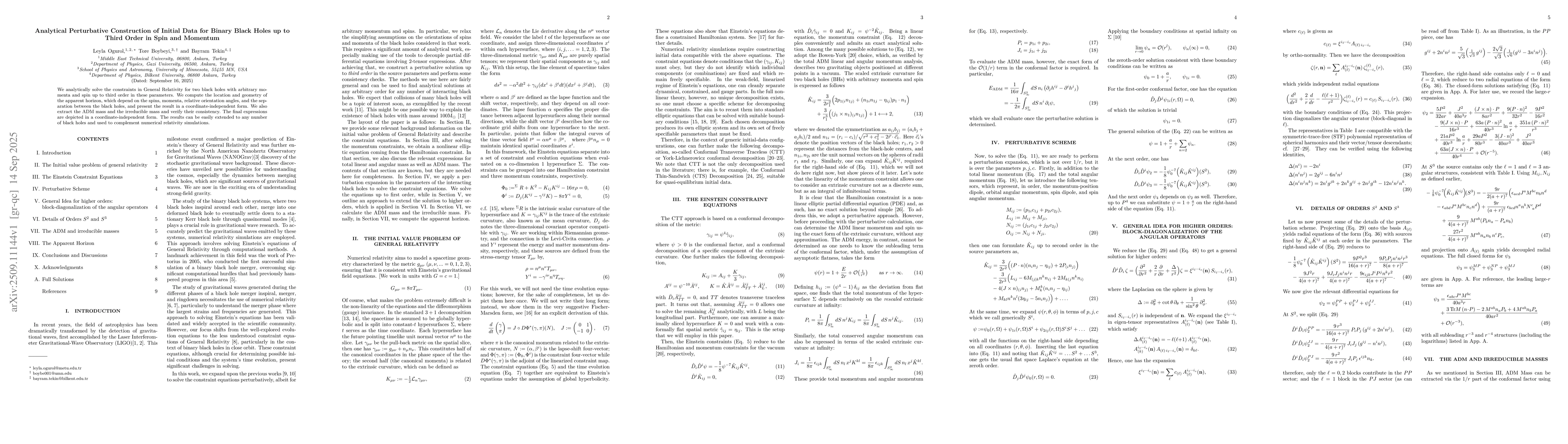 Thumbnail for Analytical Perturbative Construction of Initial Data for Binary Black
  Holes up to Third Order in Spin and Momentum