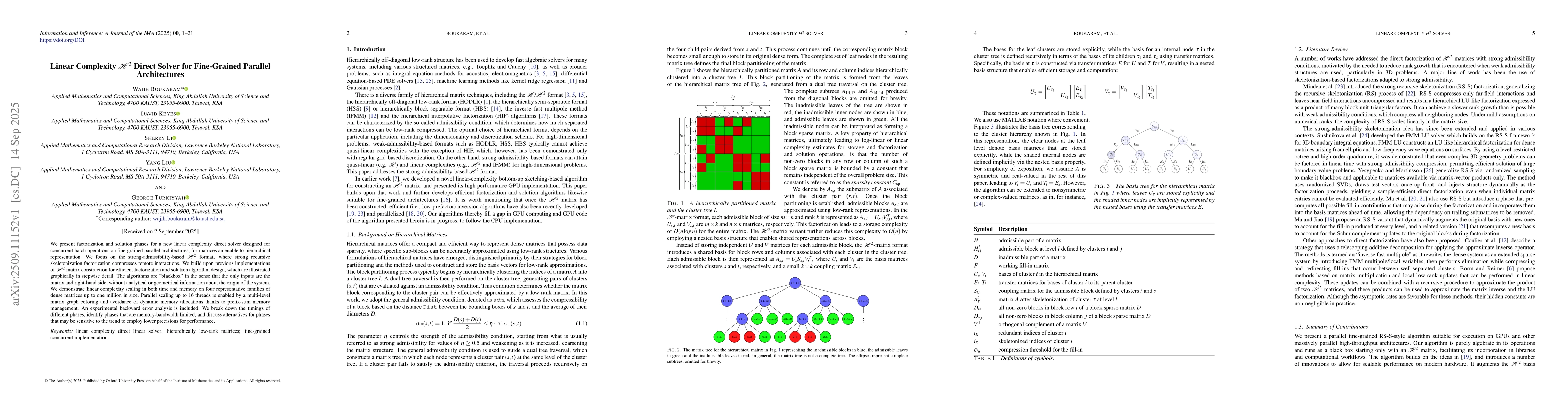 Thumbnail for Linear Complexity $\mathcal{H}^2$ Direct Solver for Fine-Grained
  Parallel Architectures