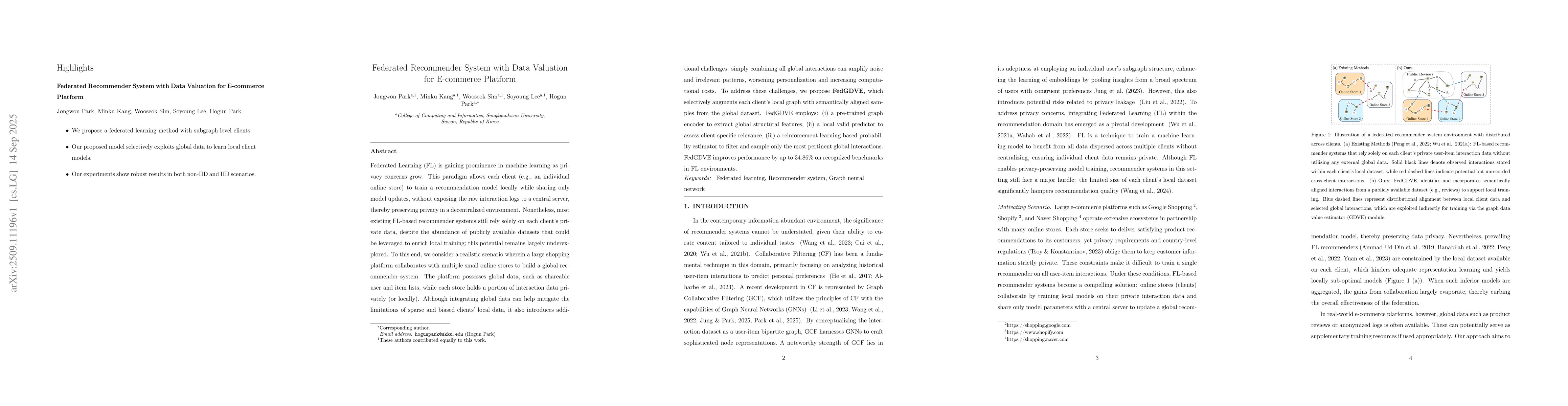 Thumbnail for Federated Recommender System with Data Valuation for E-commerce Platform
