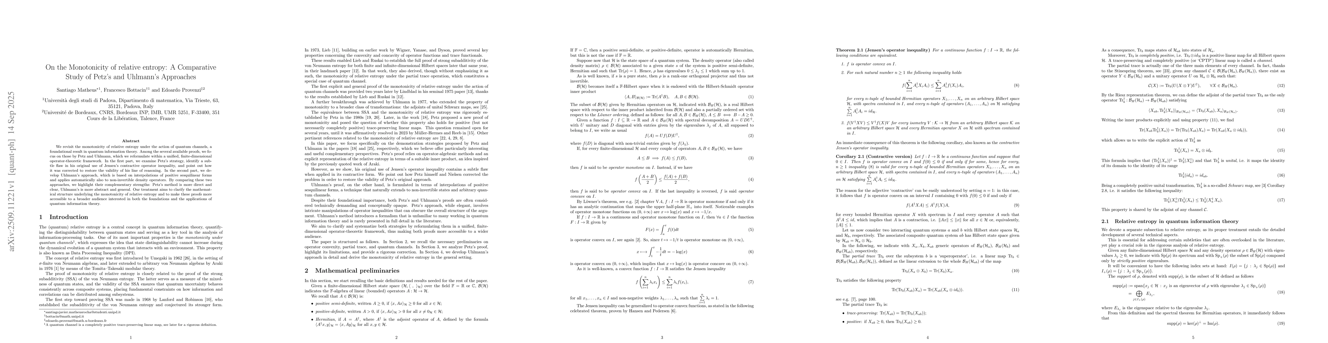 Thumbnail for On the Monotonicity of relative entropy: A Comparative Study of Petz's
  and Uhlmann's Approaches