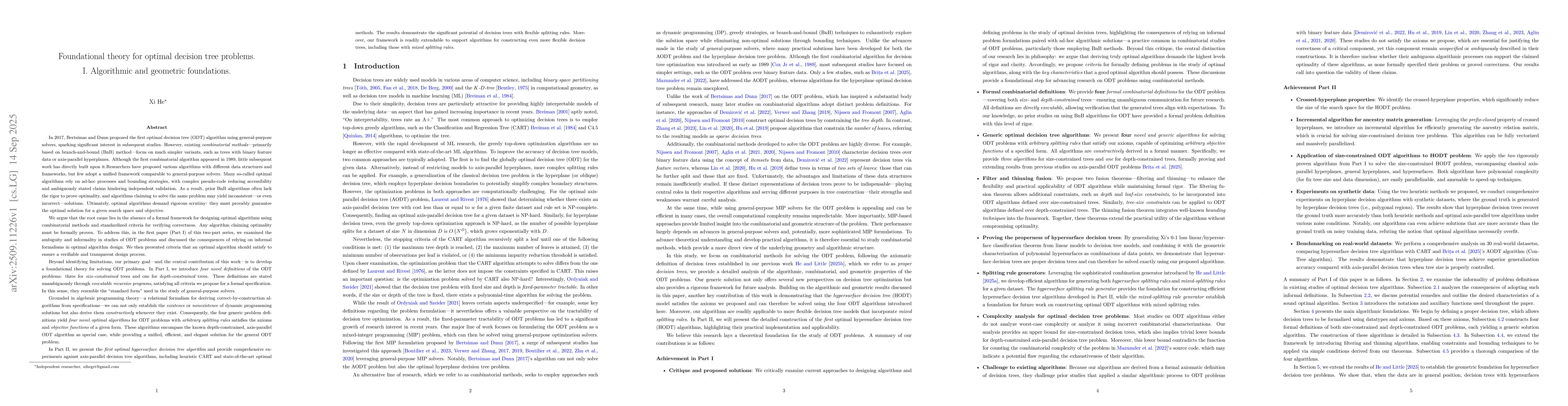 Thumbnail for Foundational theory for optimal decision tree problems. I. Algorithmic
  and geometric foundations