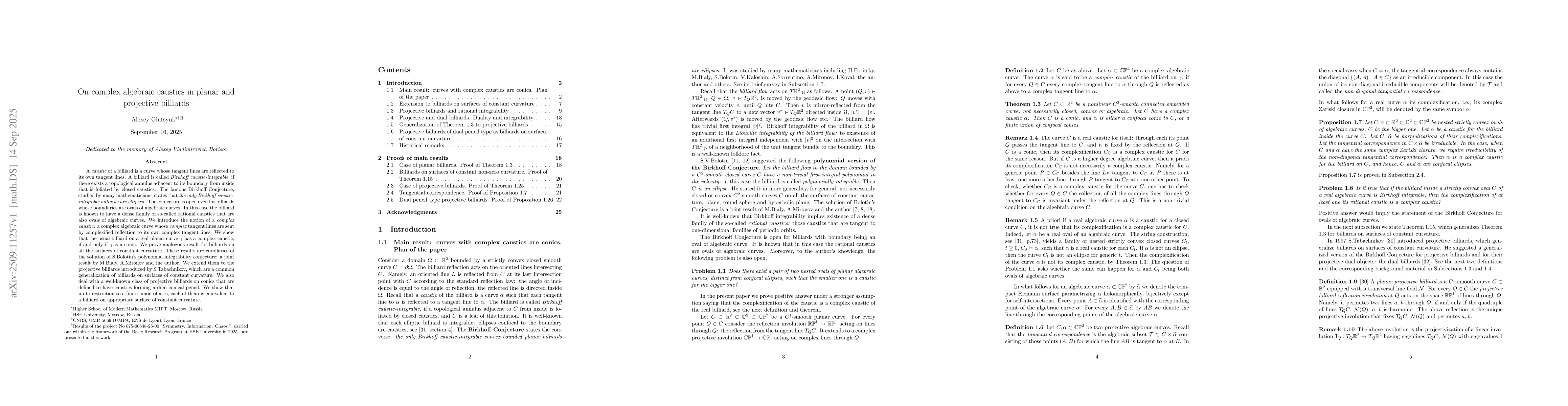 Thumbnail for On complex algebraic caustics in planar and projective billiards
