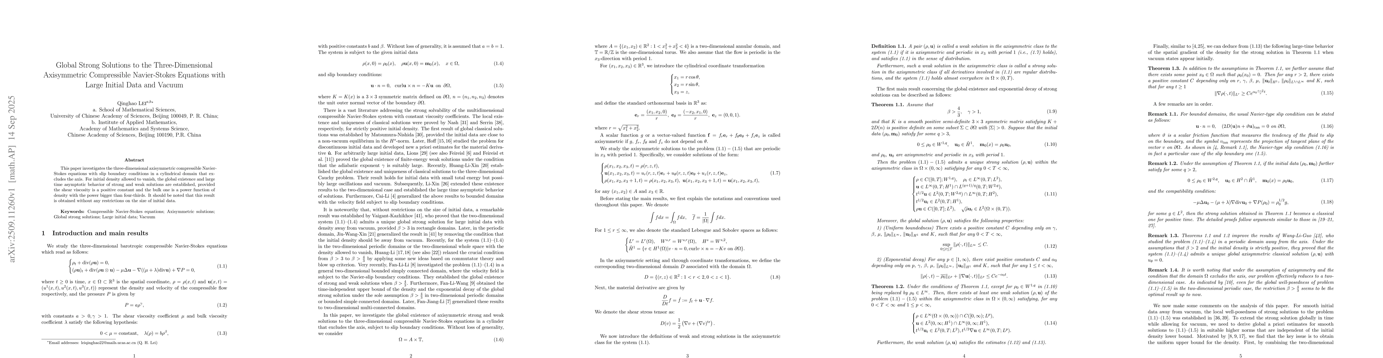Thumbnail for Global Strong Solutions to the Three-Dimensional Axisymmetric
  Compressible Navier-Stokes Equations with Large Initial Data and Vacuum