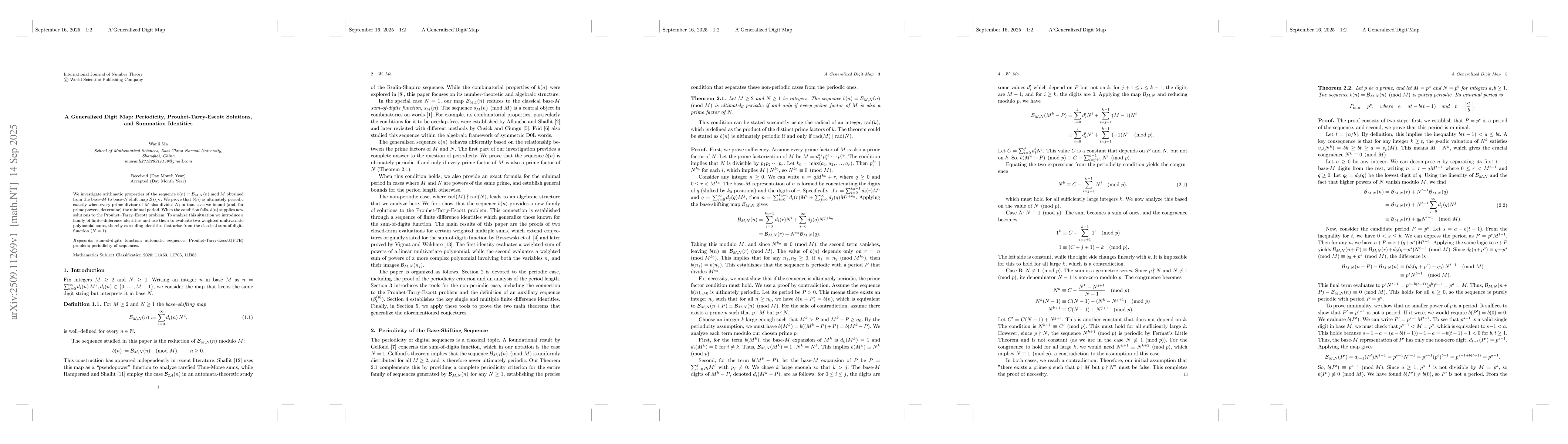 Thumbnail for A Generalized Digit Map: Periodicity, Prouhet-Tarry-Escott Solutions,
  and Summation Identities