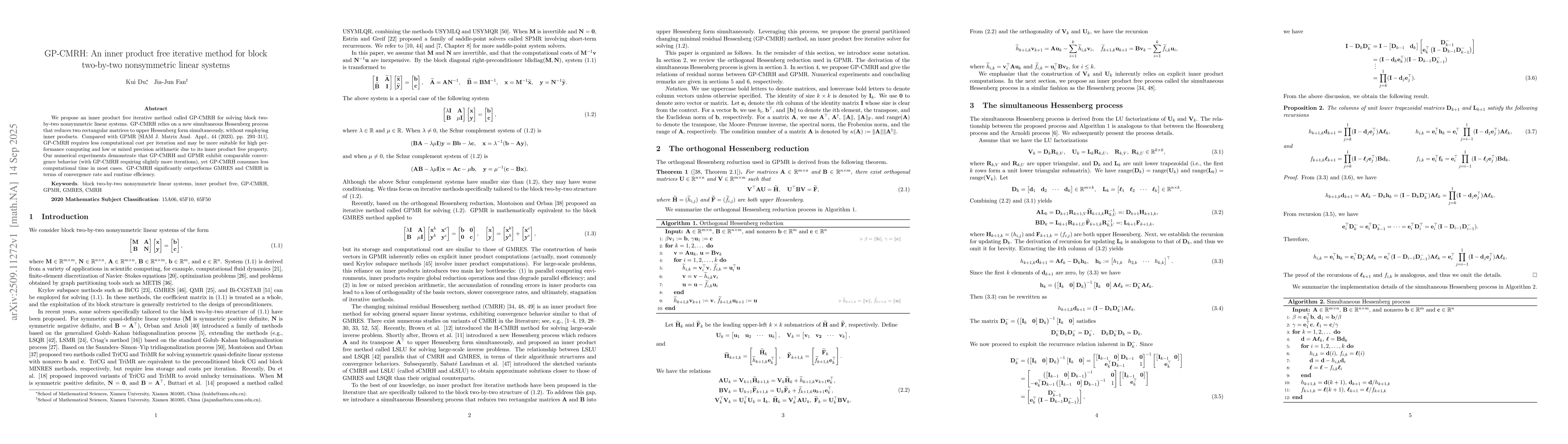 Thumbnail for GP-CMRH: An inner product free iterative method for block two-by-two
  nonsymmetric linear systems