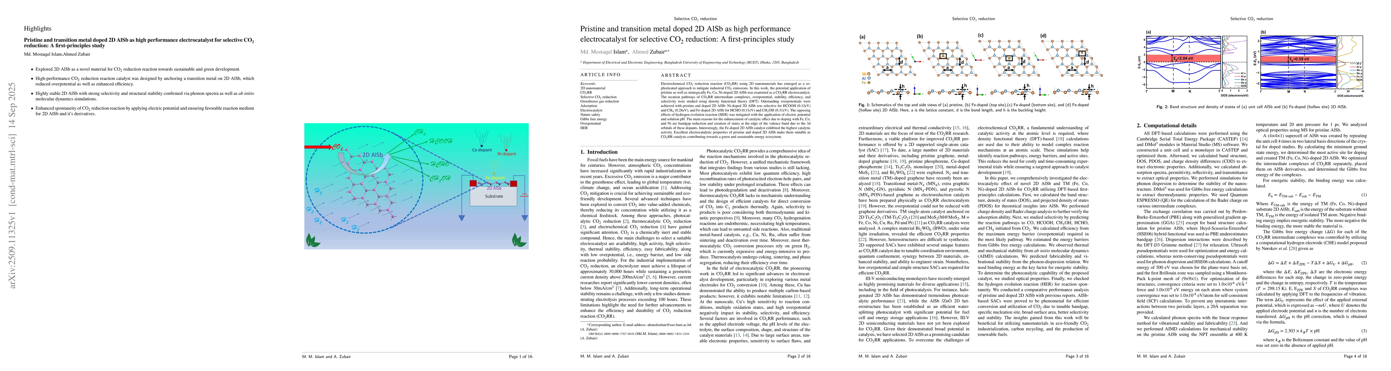 Thumbnail for Pristine and transition metal doped 2D AlSb as high performance
  electrocatalyst for selective CO2 reduction: A first-principles study