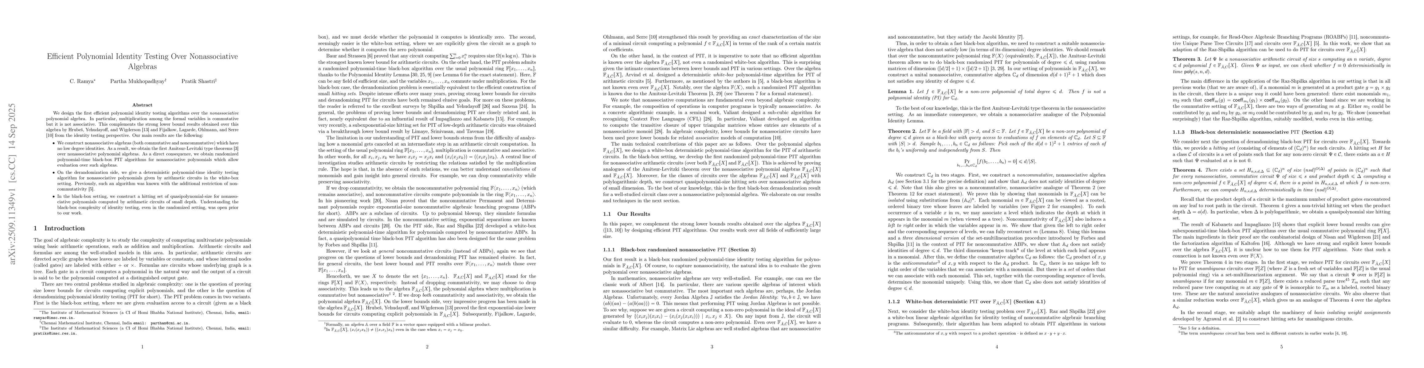 Thumbnail for Efficient Polynomial Identity Testing Over Nonassociative Algebras