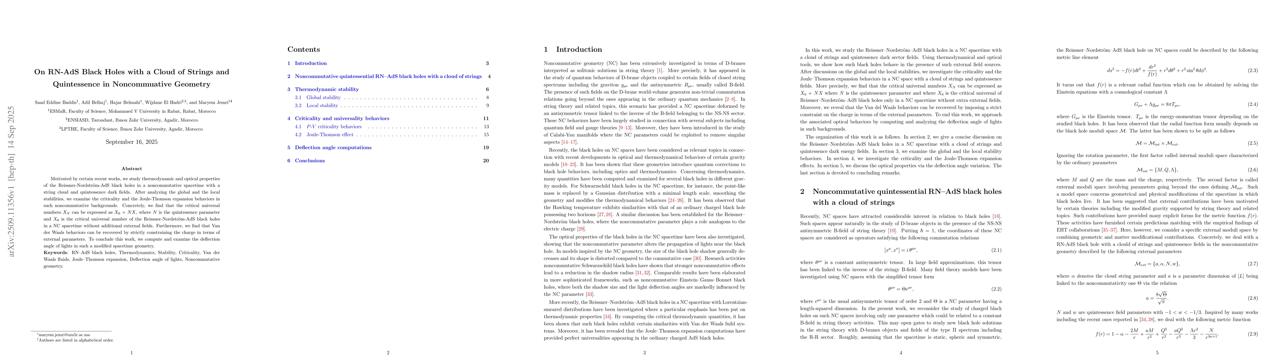 Thumbnail for On RN-AdS Black Holes with a Cloud of Strings and Quintessence in
  Noncommuative Geometry