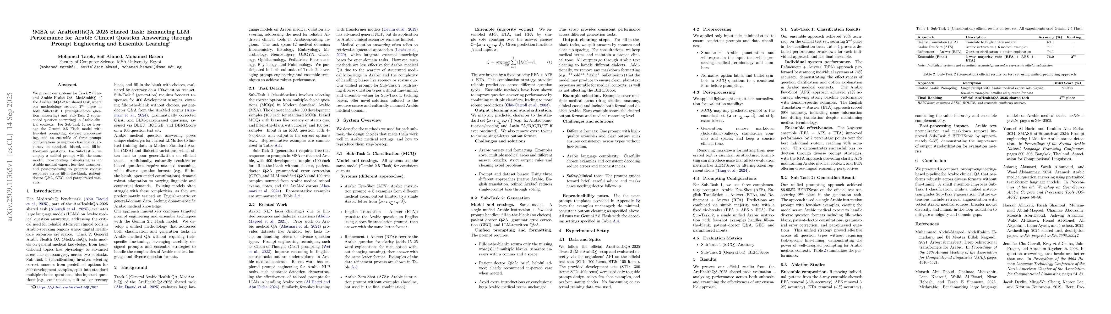 Thumbnail for !MSA at AraHealthQA 2025 Shared Task: Enhancing LLM Performance for
  Arabic Clinical Question Answering through Prompt Engineering and Ensemble
  Learning