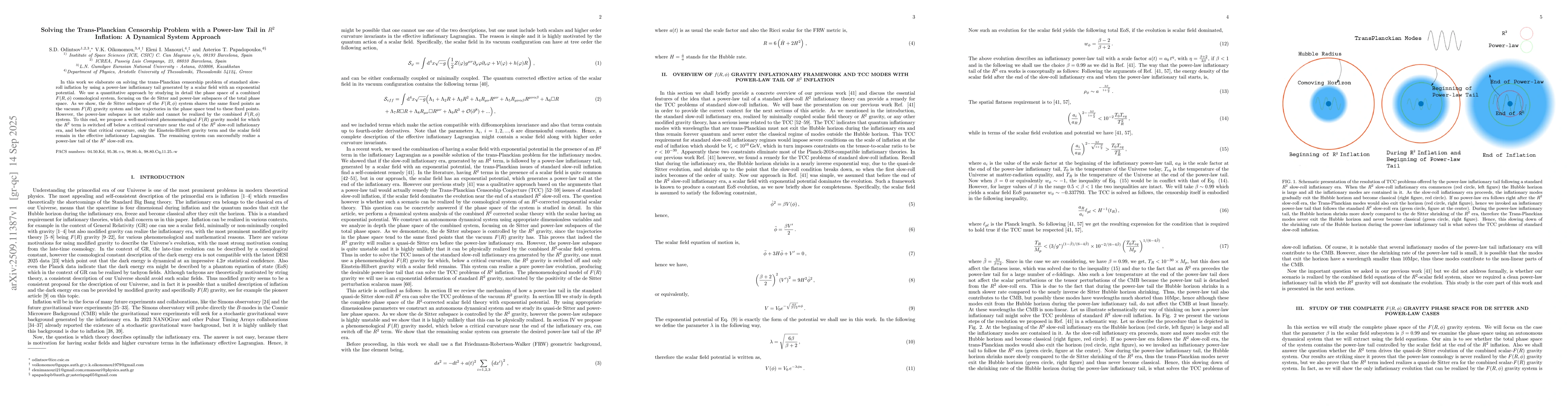 Thumbnail for Solving the Trans-Planckian Censorship Problem with a Power-law Tail in
  $R^2$ Inflation: A Dynamical System Approach