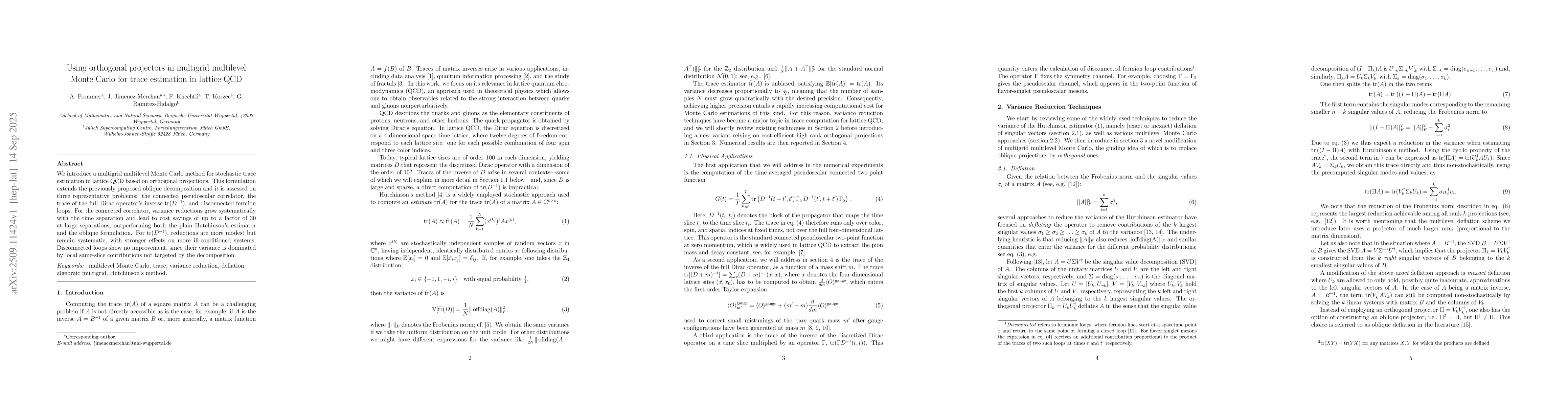 Thumbnail for Using orthogonal projectors in multigrid multilevel Monte Carlo for
  trace estimation in lattice QCD