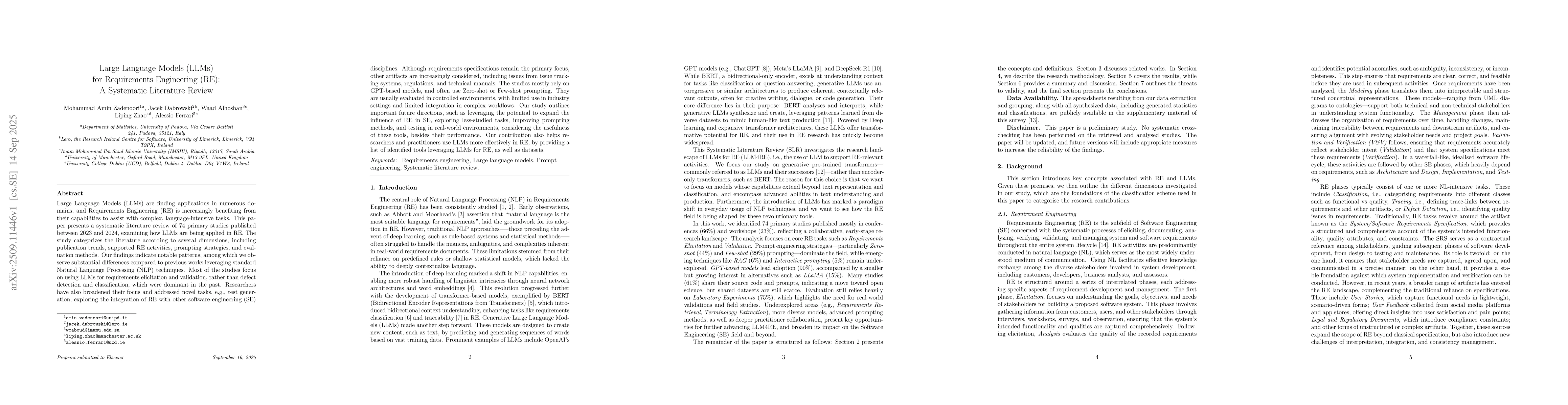 Thumbnail for Large Language Models (LLMs) for Requirements Engineering (RE): A
  Systematic Literature Review