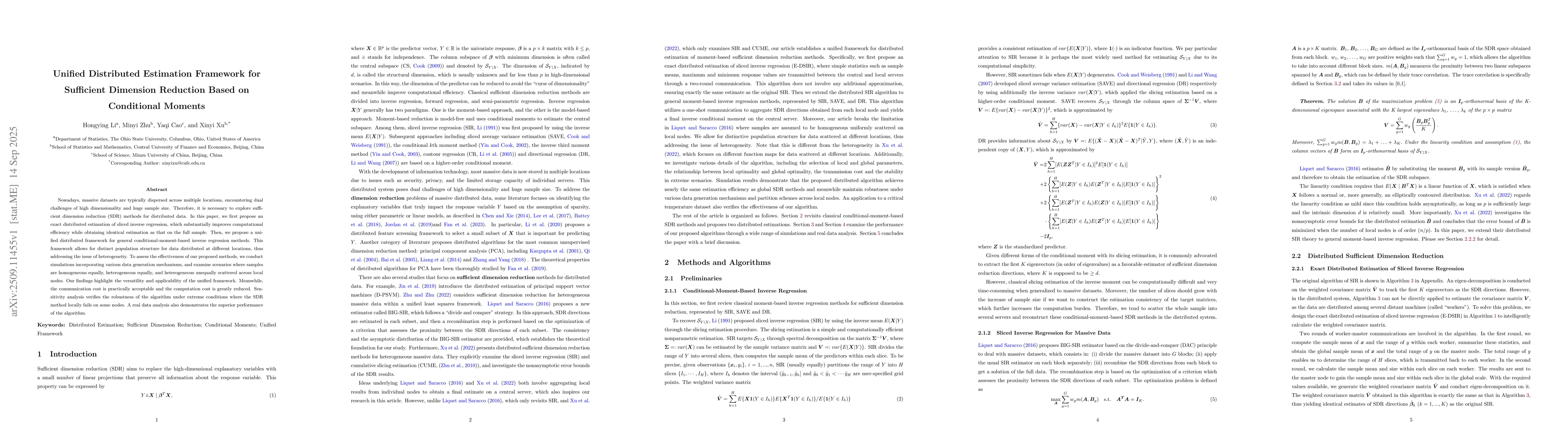 Thumbnail for Unified Distributed Estimation Framework for Sufficient Dimension
  Reduction Based on Conditional Moments