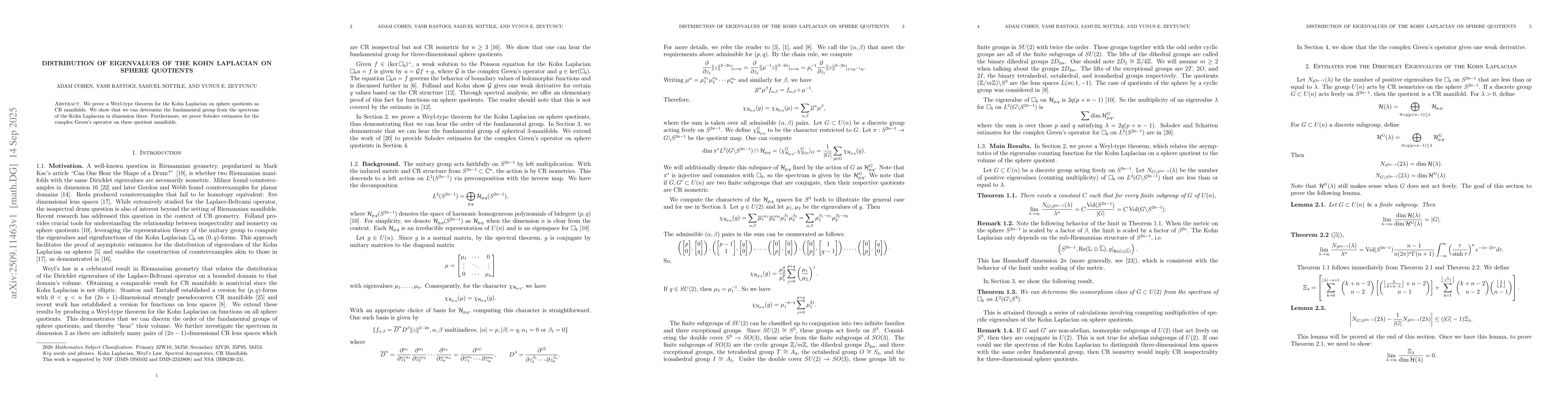 Thumbnail for Distribution of Eigenvalues of the Kohn Laplacian on Sphere Quotients