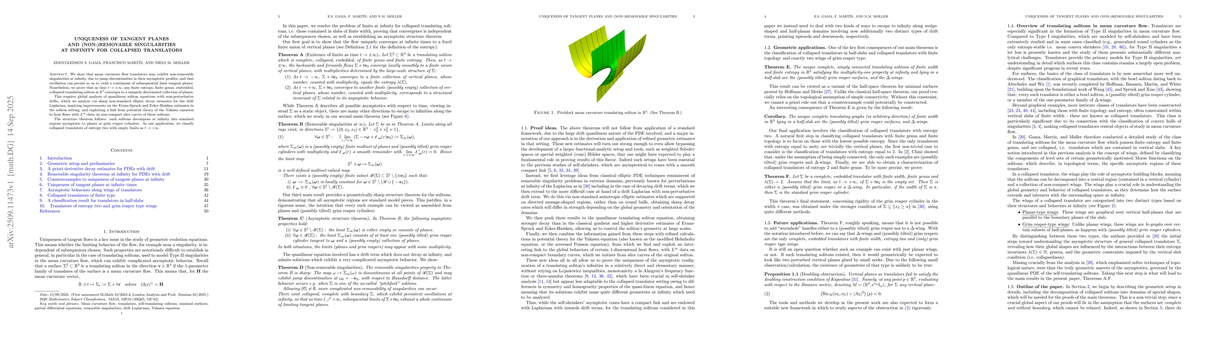 Thumbnail for Uniqueness of tangent planes and (non-)removable singularities at
  infinity for collapsed translators