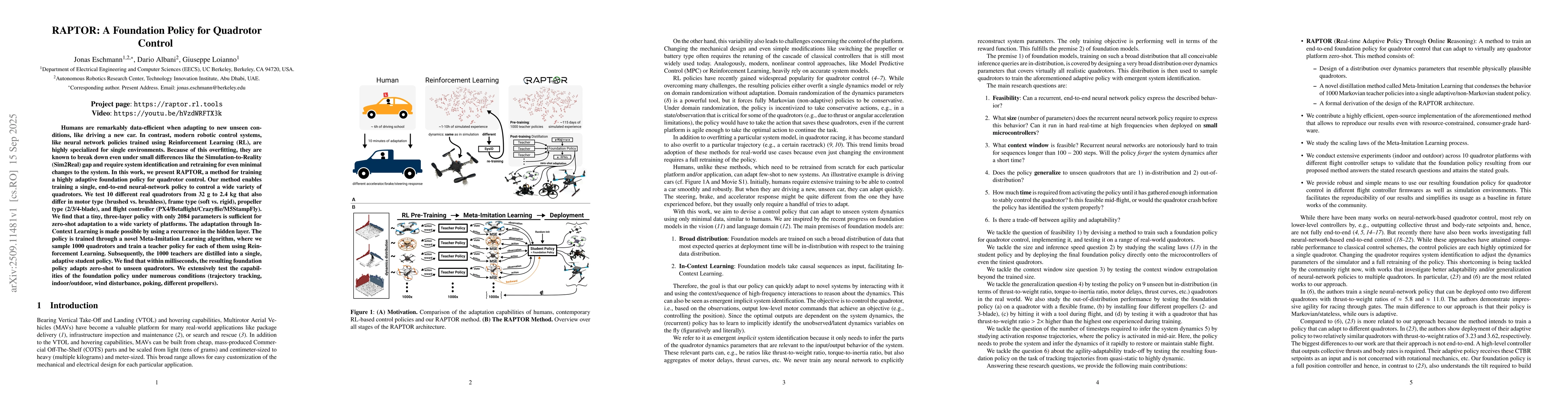 Thumbnail for RAPTOR: A Foundation Policy for Quadrotor Control