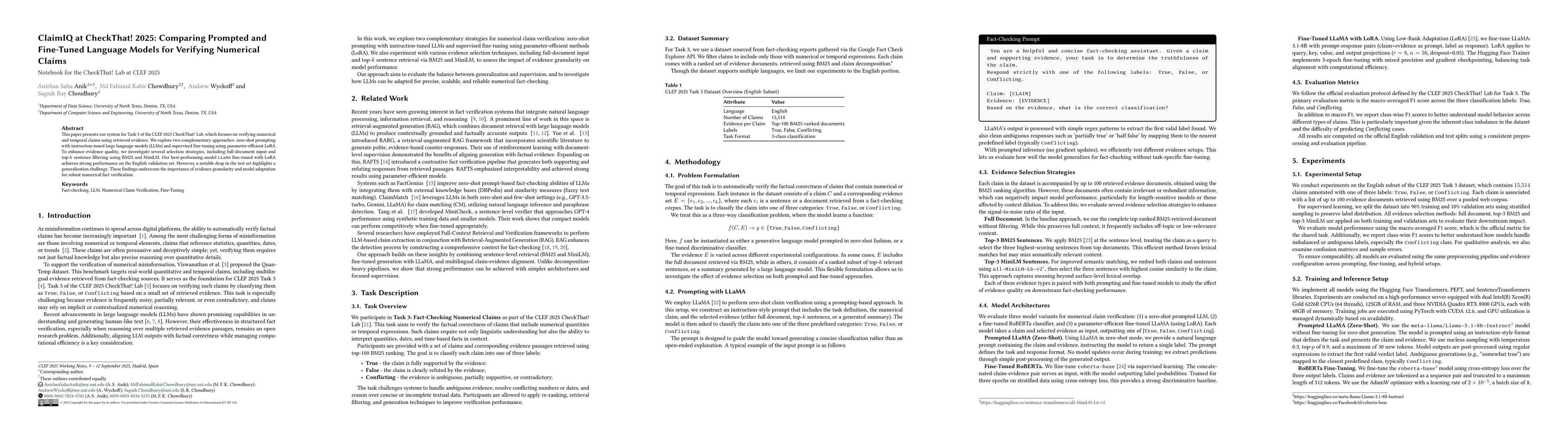 Thumbnail for ClaimIQ at CheckThat! 2025: Comparing Prompted and Fine-Tuned Language
  Models for Verifying Numerical Claims