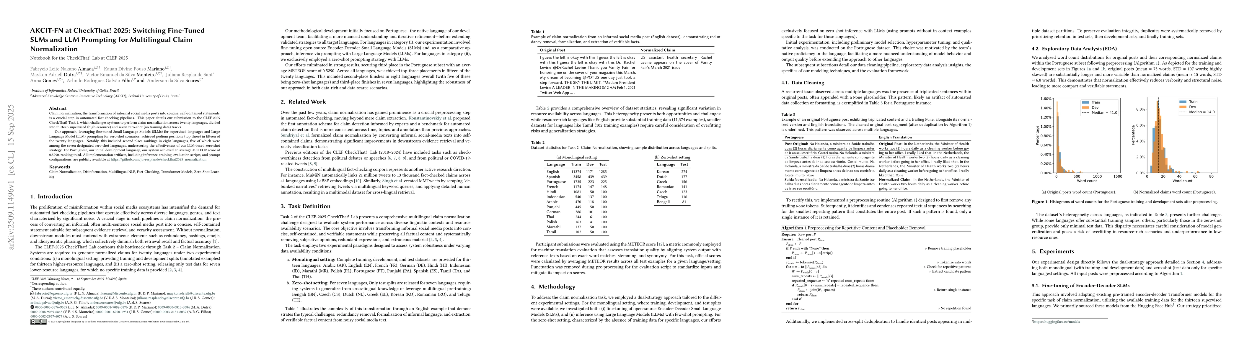 Thumbnail for AKCIT-FN at CheckThat! 2025: Switching Fine-Tuned SLMs and LLM Prompting
  for Multilingual Claim Normalization