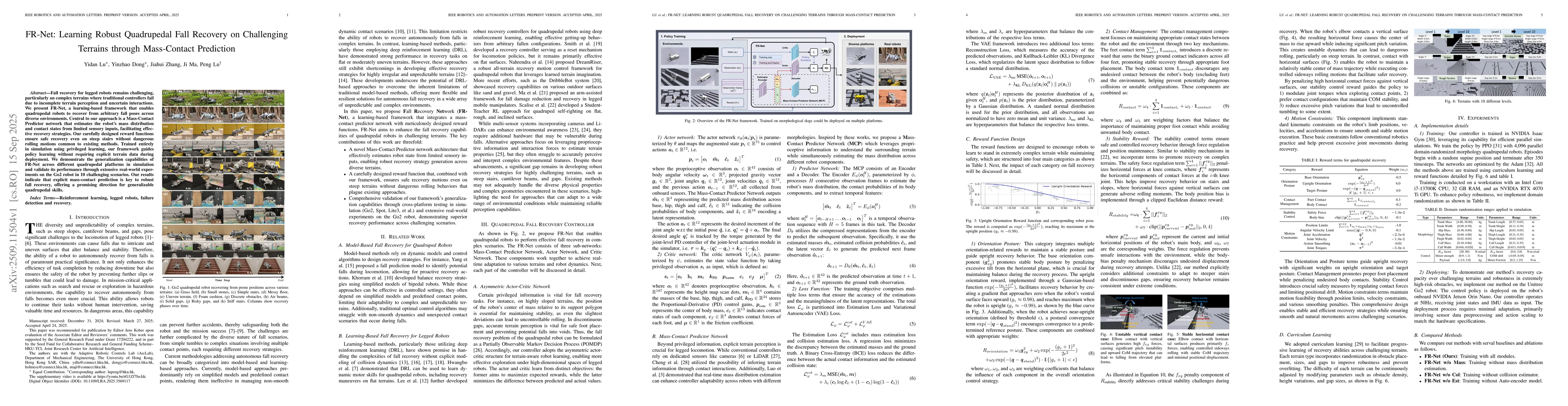 Thumbnail for FR-Net: Learning Robust Quadrupedal Fall Recovery on Challenging
  Terrains through Mass-Contact Prediction